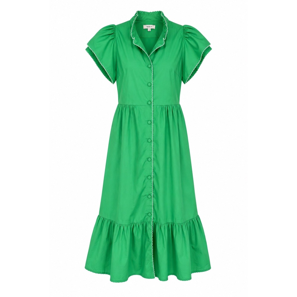 NWOT Avara Ruffle‎ Midi Dress Green Scalloped Trim Flutter Sleeve Button Front L